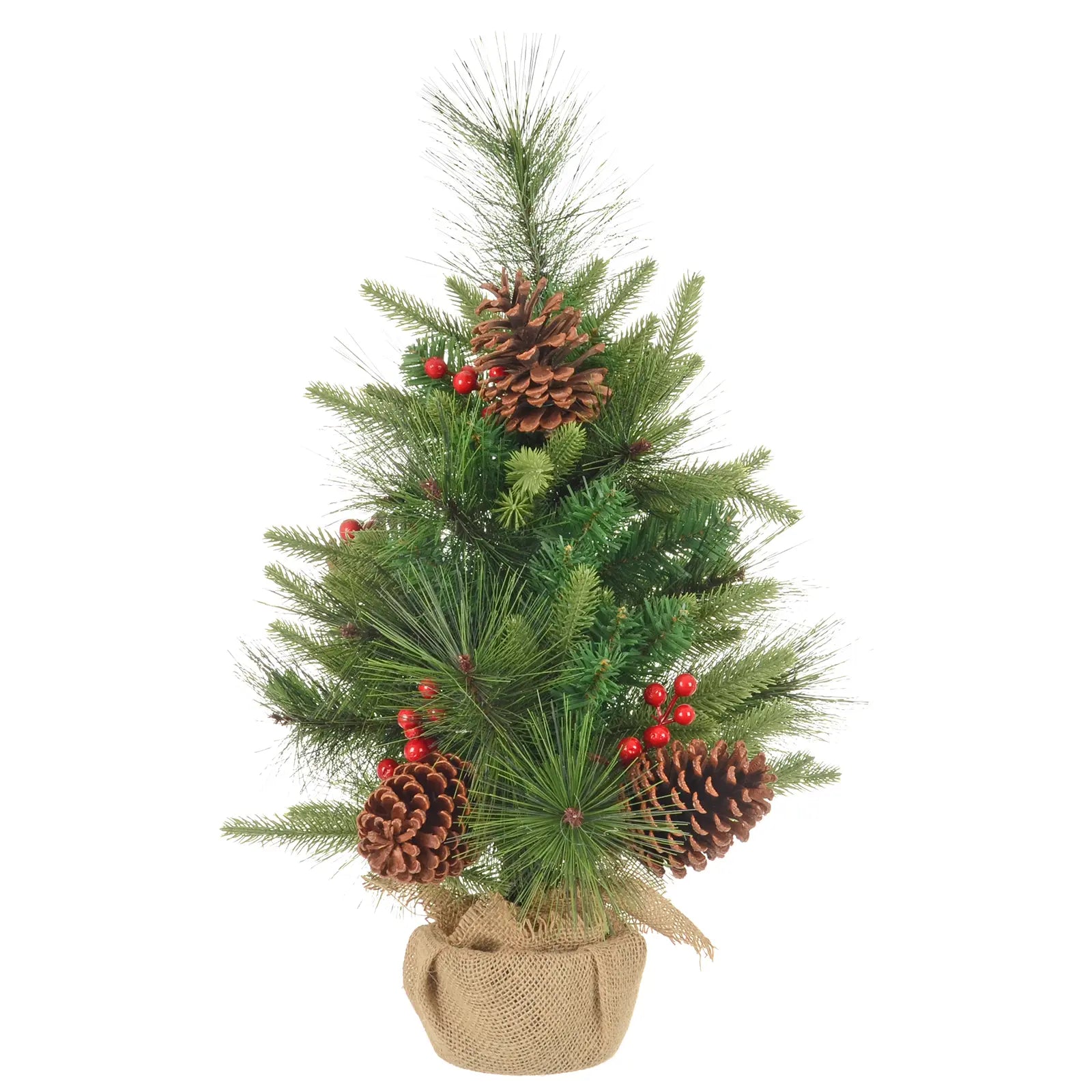 Mr Crimbo 60cm Mini Christmas Tree Pine Cone Berries Hessian - MrCrimbo.co.uk -XS7632 - -artificial christmas tree